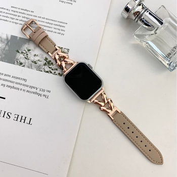 Подходящ за Apple Watch 678910 Leaves Metal Spelling Leather Watch Band и iWatch SE Wrist Band.