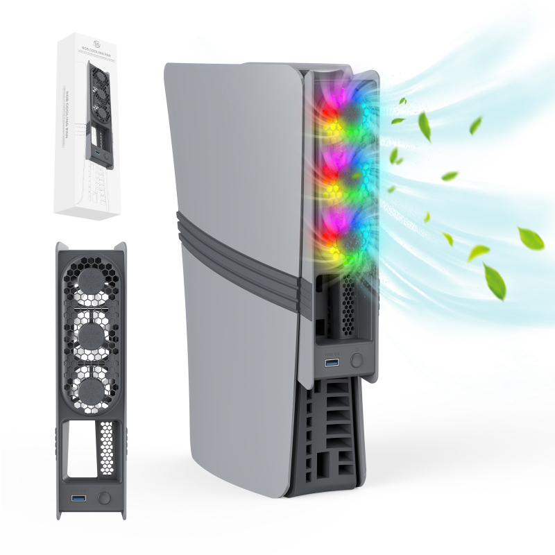 PS5 Pro/PS5 plonas universalus aušinimo ventiliatorius su išmaniuoju temperatūros valdymo galiniu ventiliatoriumi ir spalvingomis RGB lemputėmis