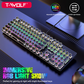 „T-Wolf Lei Wolf T75“ mechaninė klaviatūra, e. sporto žaidimams, metalinis skydelis, pankų retro apvali klaviatūra, rusų ir korėjiečių kalbomis.