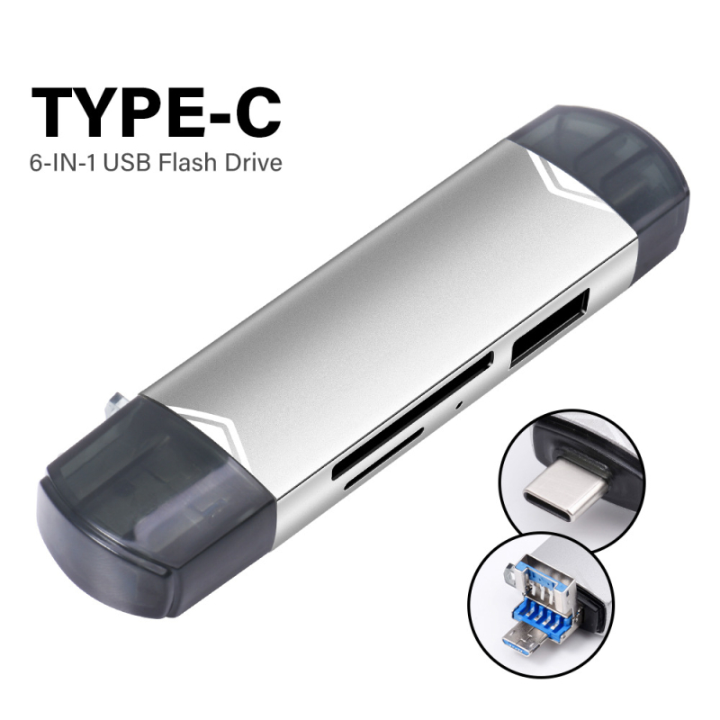 Uus multifunktsionaalne 6-ühes kaardilugeja TF/SD/U-ketta/tüüp-c OTG universaalne laienduskaardilugeja kiireks kaardilugejaks