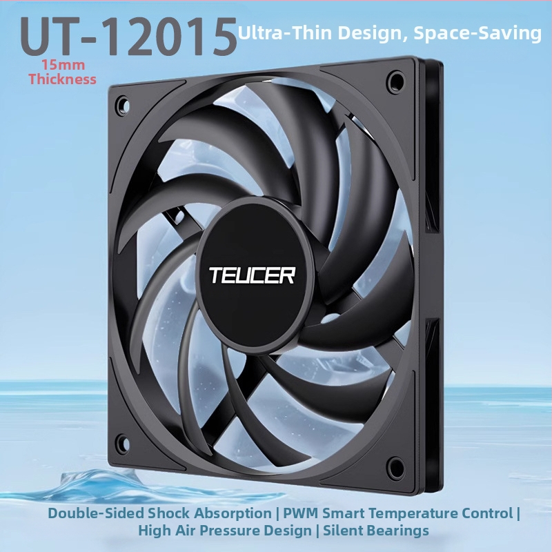 Teucer 12015 õhuke ventilaator lauaarvuti šassiiventilaator must 15 mm paksune temperatuuri reguleerimisega vaikne protsessori radiaator