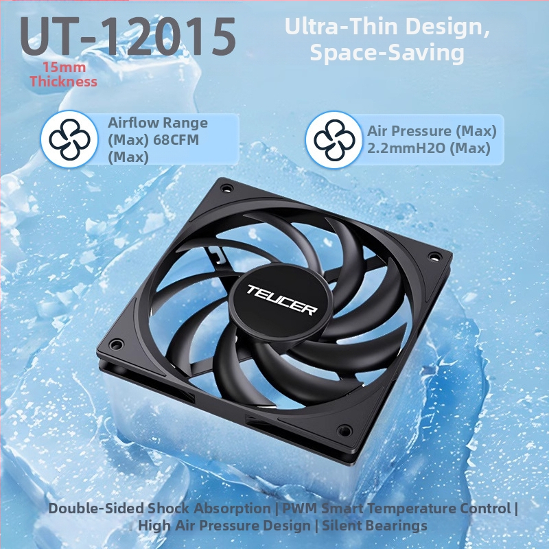 „Teucer 12015“ plonas ventiliatorius, stacionaraus kompiuterio korpuso ventiliatorius, juodas, 15 mm storio, temperatūros reguliavimas, tylus procesoriaus radiatorius