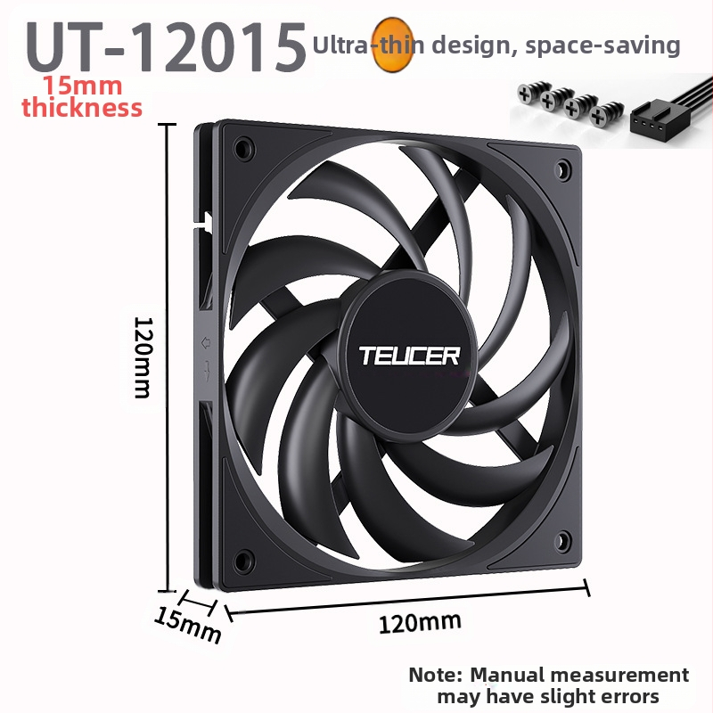 „Teucer 12015“ plonas ventiliatorius, stacionaraus kompiuterio korpuso ventiliatorius, juodas, 15 mm storio, temperatūros reguliavimas, tylus procesoriaus radiatorius