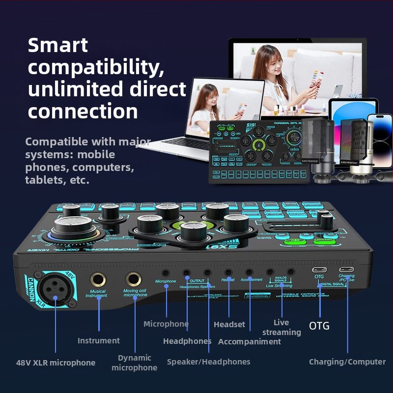 Трансгранична звукова карта, костюм на живо за мобилен телефон, компютър на живо 48V фентъзи захранване, персонализиран звук, игра, караоке