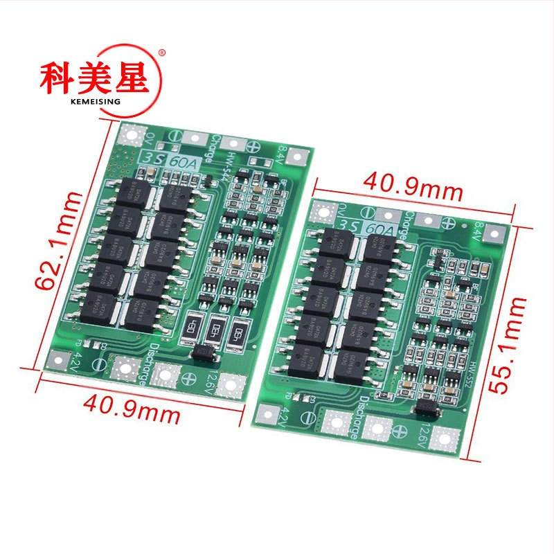 3 струни защитна платка за литиеви батерии 11.1V 12.6V 18650 с подобрена изравняваща лента, 60A токов разделителен порт