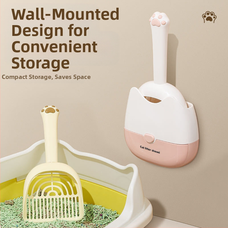 Lopată pentru așternut pentru pisici, montată pe perete, cu două culori, cu specificații duble, design două în unu, montat pe perete, pentru o depozitare mai convenabilă și un design de dezodorizare mai eficient.