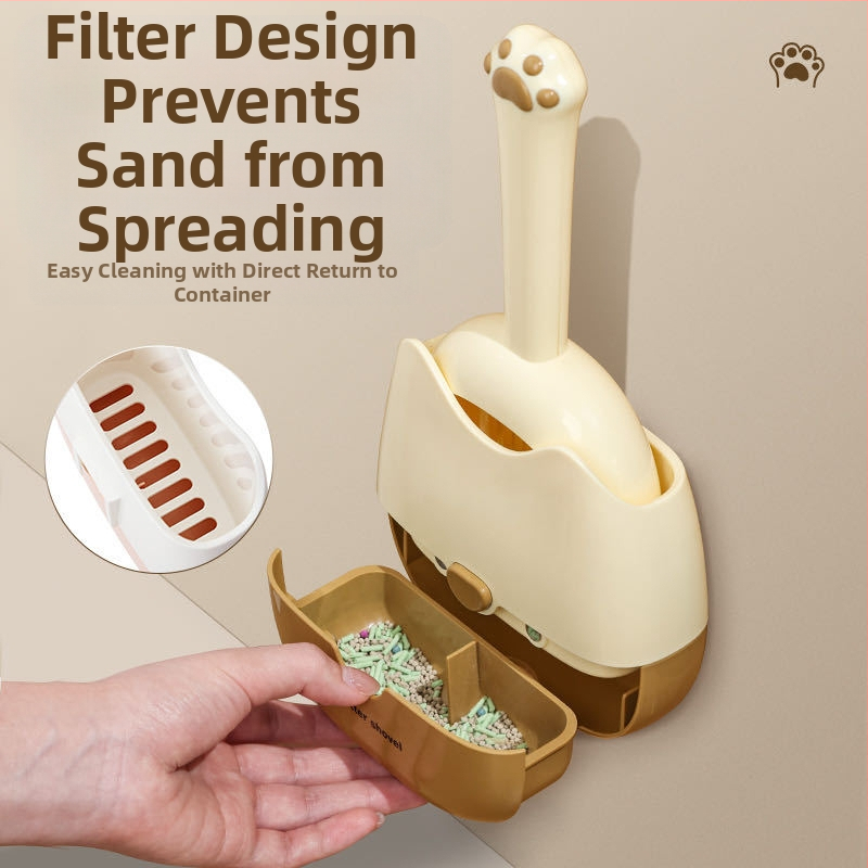 Lopată pentru așternut pentru pisici, montată pe perete, cu două culori, cu specificații duble, design două în unu, montat pe perete, pentru o depozitare mai convenabilă și un design de dezodorizare mai eficient.