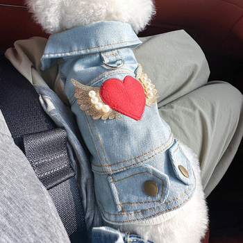 σε απόθεμα διασυνοριακές εκρήξεις ρούχα για κατοικίδια πηγή εργοστασίου απευθείας άνοιξη και φθινόπωρο χαριτωμένο γιλέκο τζιν με φτερά αγγέλου