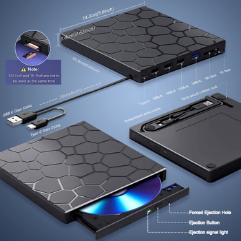 Unitate optică externă multifuncțională de expansiune pentru DVD-uri, interfață USB/TYPE 7-în-1, care poate fi conectată extern la un disc U.