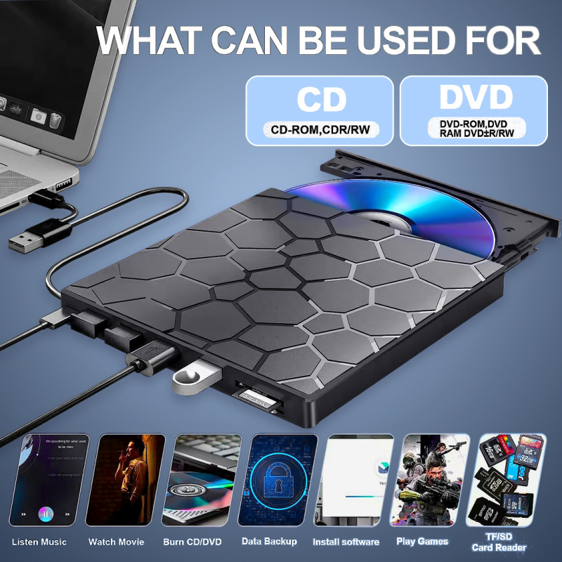 Jauns produkts ar daudzfunkcionālu paplašinājuma ārējo optisko diskdzini, DVD rakstītāju, 7-in-1 USB/TYPE saskarni, ko var ārēji pievienot U diskam.