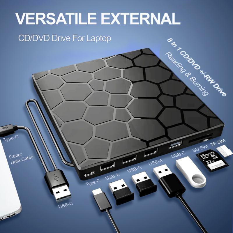 Unitate optică externă multifuncțională de expansiune pentru DVD-uri, interfață USB/TYPE 7-în-1, care poate fi conectată extern la un disc U.