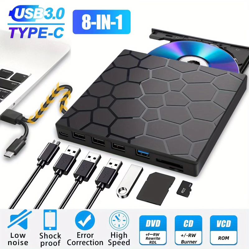 Unitate optică externă multifuncțională de expansiune pentru DVD-uri, interfață USB/TYPE 7-în-1, care poate fi conectată extern la un disc U.