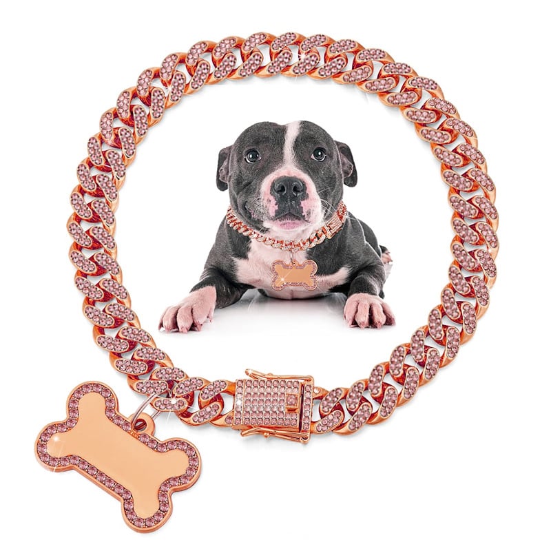 Új, kubai nyakörv kisállatoknak, biztonsági csattal, fém kubai lánccal, mesterséges gyémánt kutyanyakörv nyaklánc