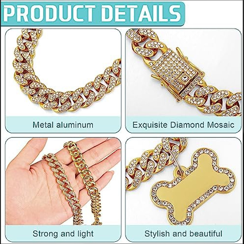 Új, kubai nyakörv kisállatoknak, biztonsági csattal, fém kubai lánccal, mesterséges gyémánt kutyanyakörv nyaklánc