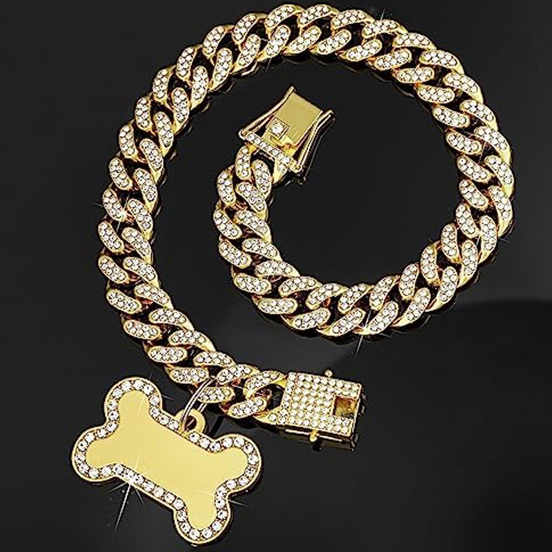 Új, kubai nyakörv kisállatoknak, biztonsági csattal, fém kubai lánccal, mesterséges gyémánt kutyanyakörv nyaklánc