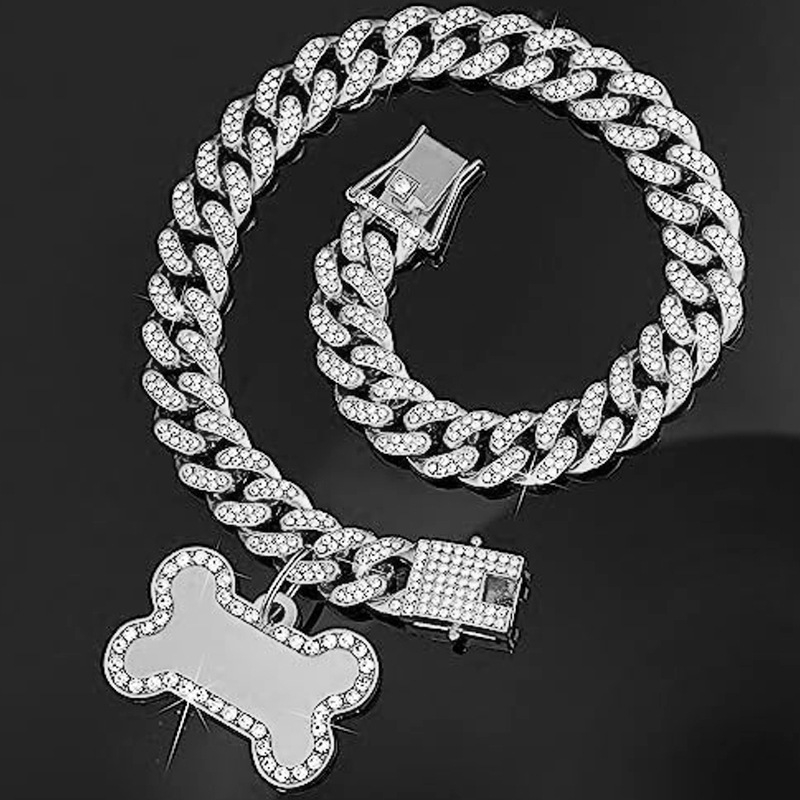 Új, kubai nyakörv kisállatoknak, biztonsági csattal, fém kubai lánccal, mesterséges gyémánt kutyanyakörv nyaklánc