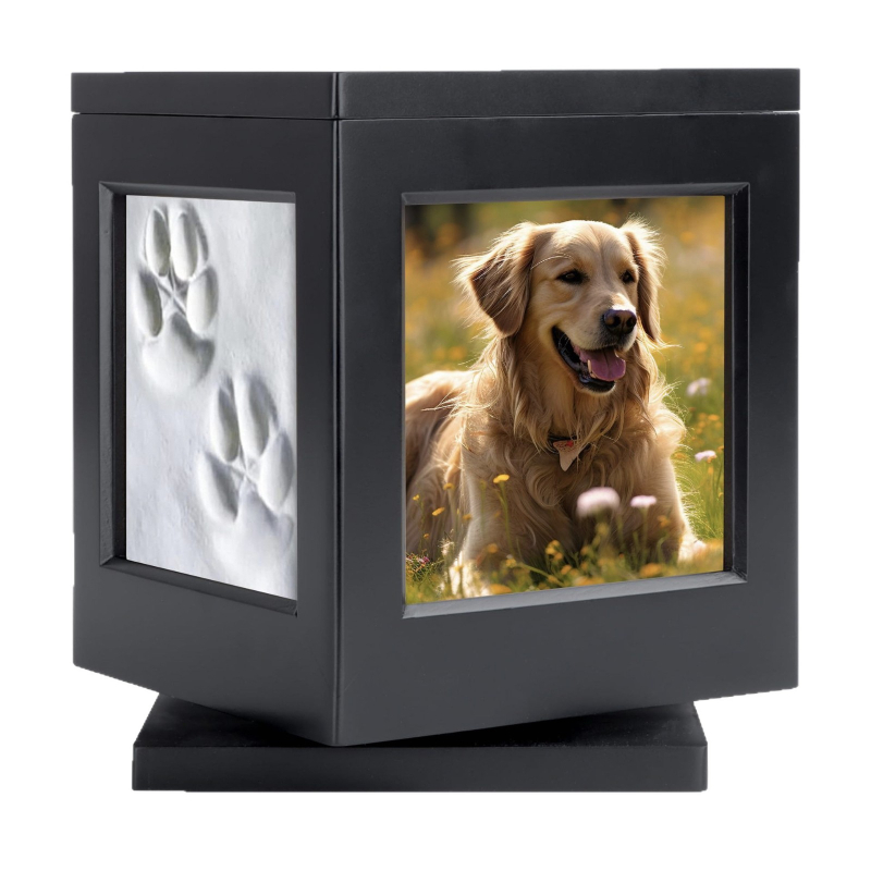 Medinis naminių gyvūnėlių reikmenų urnos besisukantis pagrindas su nuotraukų rėmeliu, šuns karsto dėže, naminių gyvūnėlių kačių atminimo kremavimo dėže