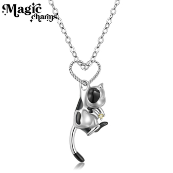 Aranyos háromdimenziós tejmacska S925 sterling ezüst nyaklánc lányoknak aranyos erdei szél állatos nyaklánc gyártók nagykereskedelemben raktáron