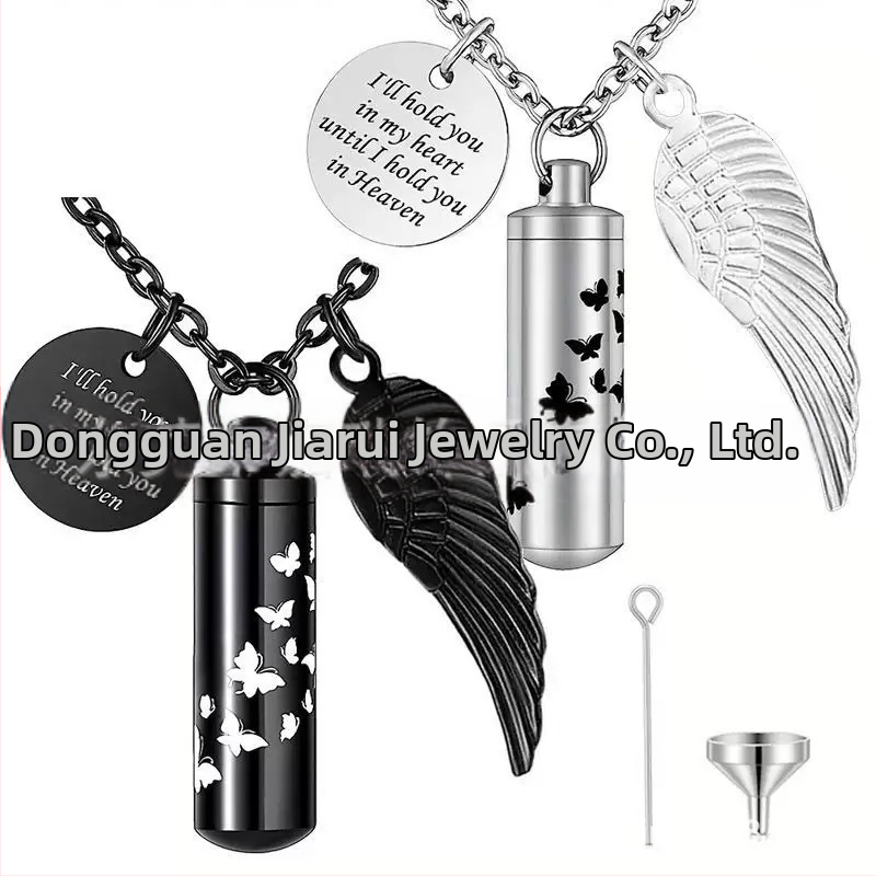 Hengeres parfümös üveg urna medál kisállat hamvak emlék nyaklánc angyalszárnyak medál