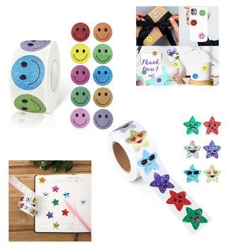 Határokon átnyúló, raktáron, 2,5 cm-es mosolygós arc, mosoly, ötágú csillag, rajzfilm, villanás, lézer, diy ajándék, ajándék matrica címke