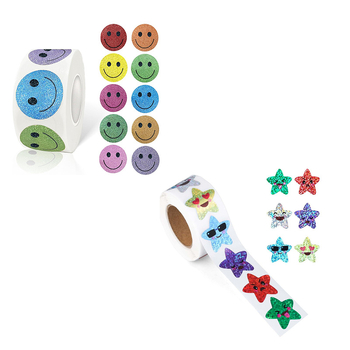 Határokon átnyúló, raktáron, 2,5 cm-es mosolygós arc, mosoly, ötágú csillag, rajzfilm, villanás, lézer, diy ajándék, ajándék matrica címke