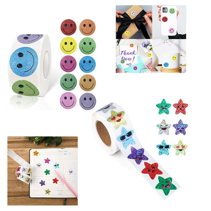 Határokon átnyúló, raktáron, 2,5 cm-es mosolygós arc, mosoly, ötágú csillag, rajzfilm, villanás, lézer, diy ajándék, ajándék matrica címke