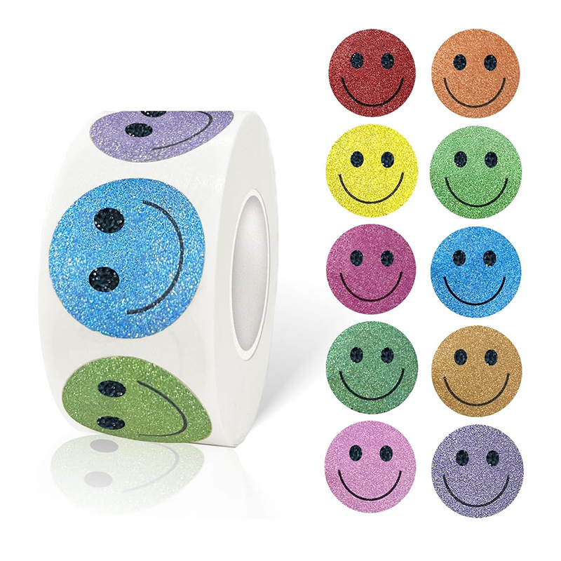 Határokon átnyúló, raktáron, 2,5 cm-es mosolygós arc, mosoly, ötágú csillag, rajzfilm, villanás, lézer, diy ajándék, ajándék matrica címke