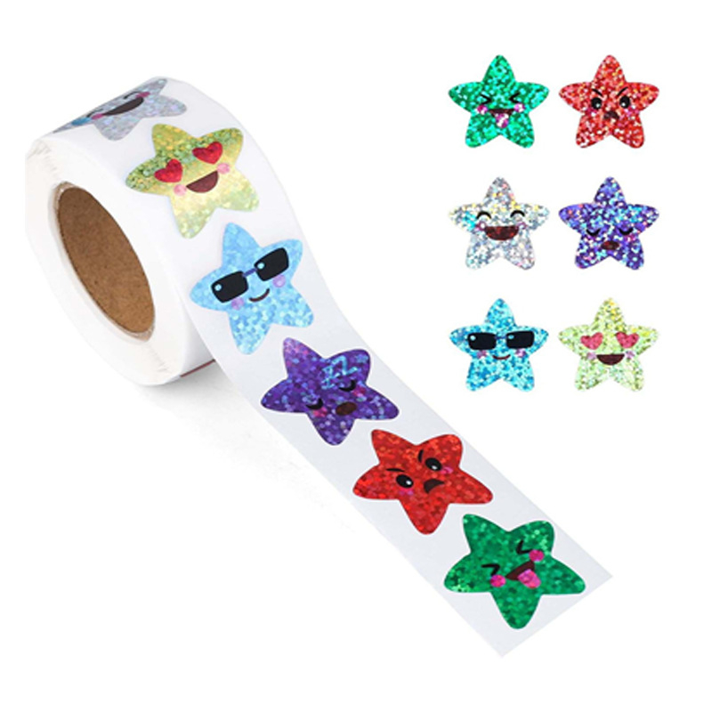 Határokon átnyúló, raktáron, 2,5 cm-es mosolygós arc, mosoly, ötágú csillag, rajzfilm, villanás, lézer, diy ajándék, ajándék matrica címke