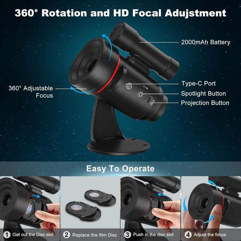 Csillagos égbolt vetítőlámpa 7 filmlap 2000Mah akkumulátor meleg színű éjszakai fény galaxis galaxis vetítőlámpa