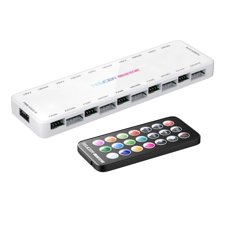 Šassiiventilaatori ühe punkti kümne kogumisliini kontroller 5V3-pin ARGB shuang sünkroonne PWM temperatuuri juhtimiskeskus kaugjuhtimispuldiga