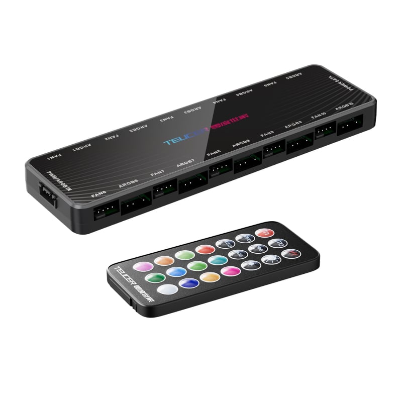 Šassiiventilaatori ühe punkti kümne kogumisliini kontroller 5V3-pin ARGB shuang sünkroonne PWM temperatuuri juhtimiskeskus kaugjuhtimispuldiga