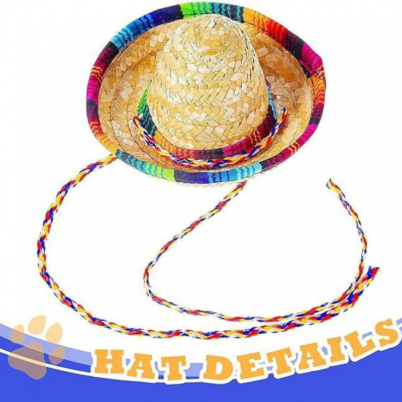 Комплект шапки за домашни любимци, мексиканска шапка за кучета, триъгълен шал за домашни любимци, сламена шапка на райета