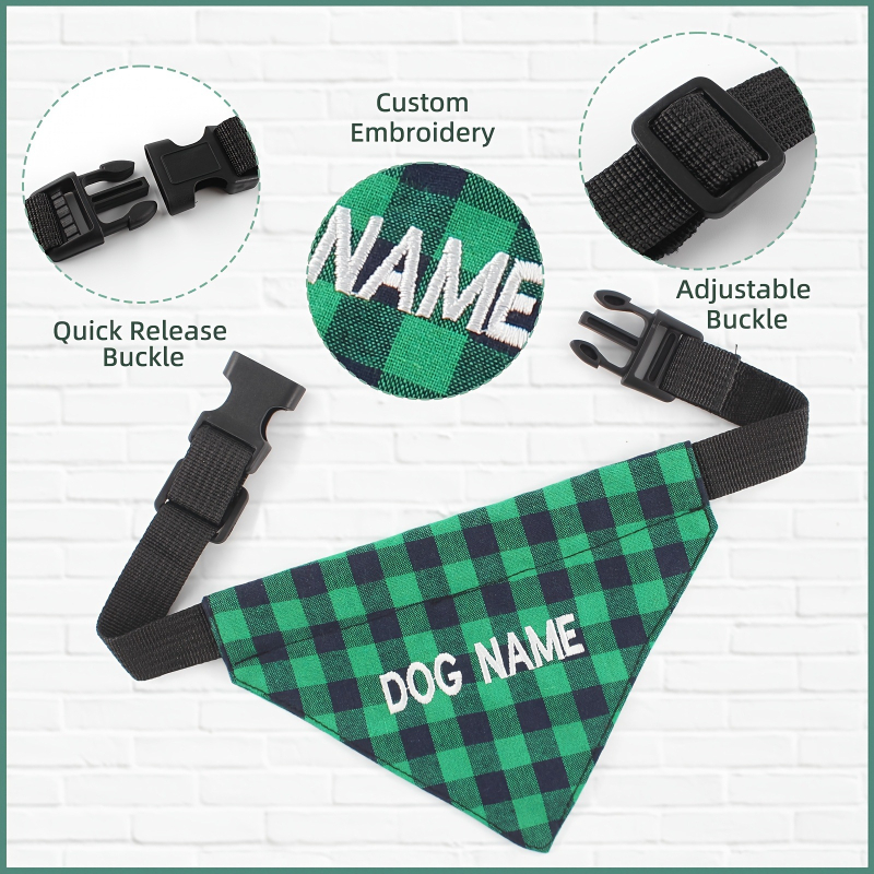 Tikitud lemmikloomade kolmnurkse salli ruudulise salli rinnahoidja kiirkinnitusega pandla saab kohandada lemmiklooma nime ja reguleeritava suurusega