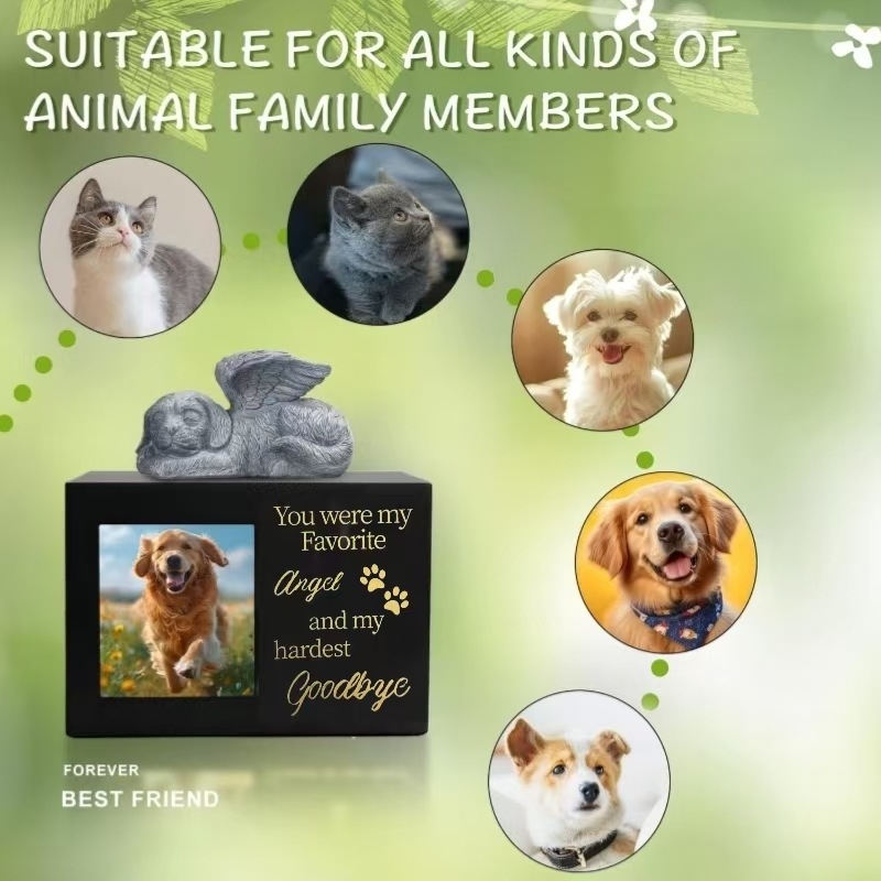 Pārrobežu tirgū pieprasīta koka mājdzīvnieku urna ar teksta rakstu, ko var izmantot kā urnu ar foto rāmi + eņģeļsunīti vai