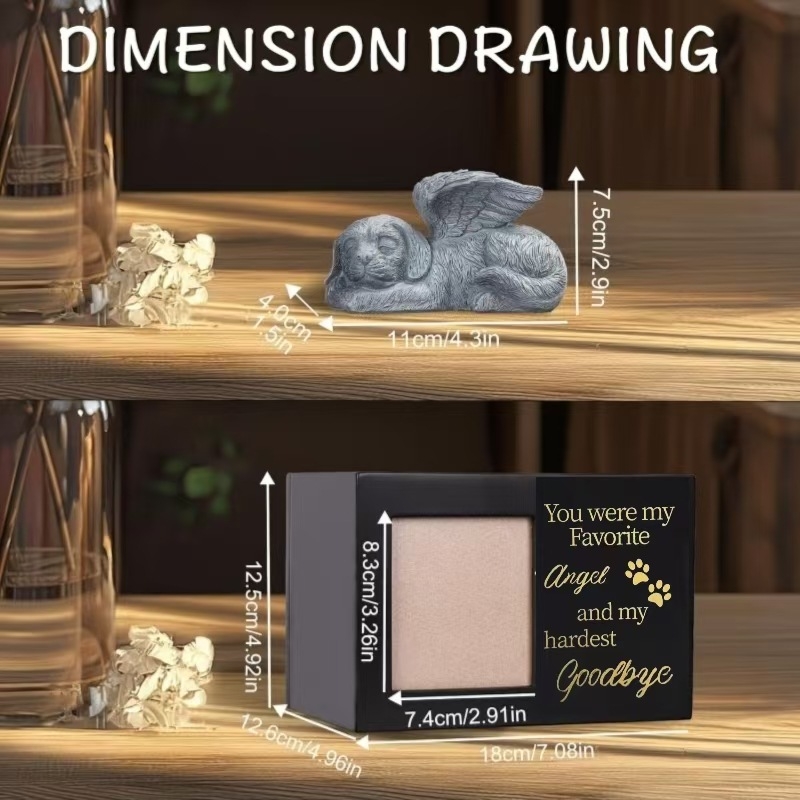 Pārrobežu tirgū pieprasīta koka mājdzīvnieku urna ar teksta rakstu, ko var izmantot kā urnu ar foto rāmi + eņģeļsunīti vai