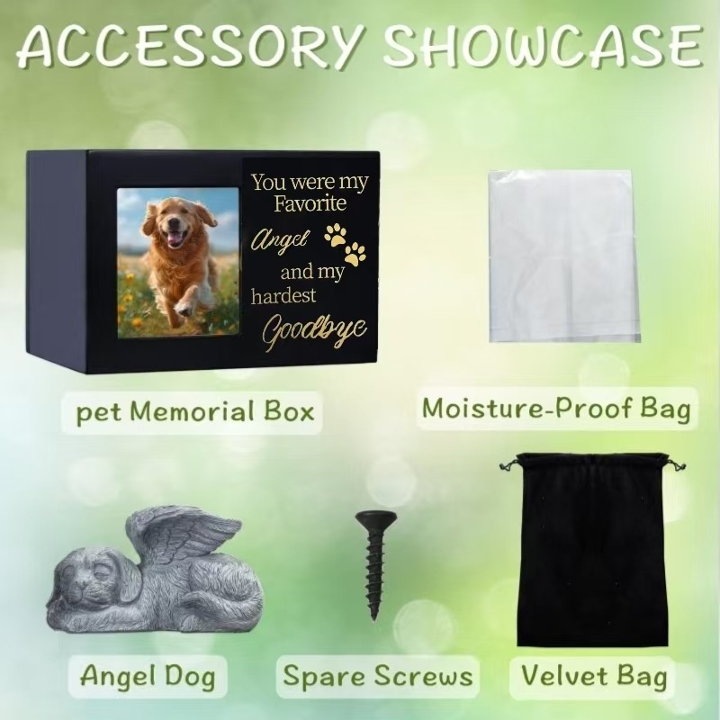 Pārrobežu tirgū pieprasīta koka mājdzīvnieku urna ar teksta rakstu, ko var izmantot kā urnu ar foto rāmi + eņģeļsunīti vai