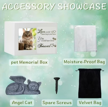 Дървена урна с бяла рамка за спомен от дърво, котка или куче, с рамка за снимка - Ангелска украса с черен пепел