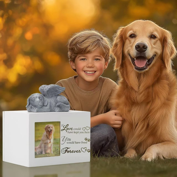 Дървена урна с бяла рамка за спомен от дърво, котка или куче, с рамка за снимка - Ангелска украса с черен пепел