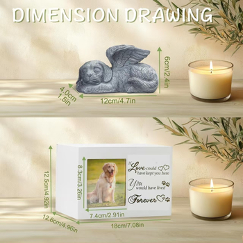 Дървена урна с бяла рамка за спомен от дърво, котка или куче, с рамка за снимка - Ангелска украса с черен пепел