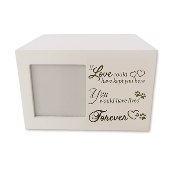 Дървена урна с бяла рамка за спомен от дърво, котка или куче, с рамка за снимка - Ангелска украса с черен пепел