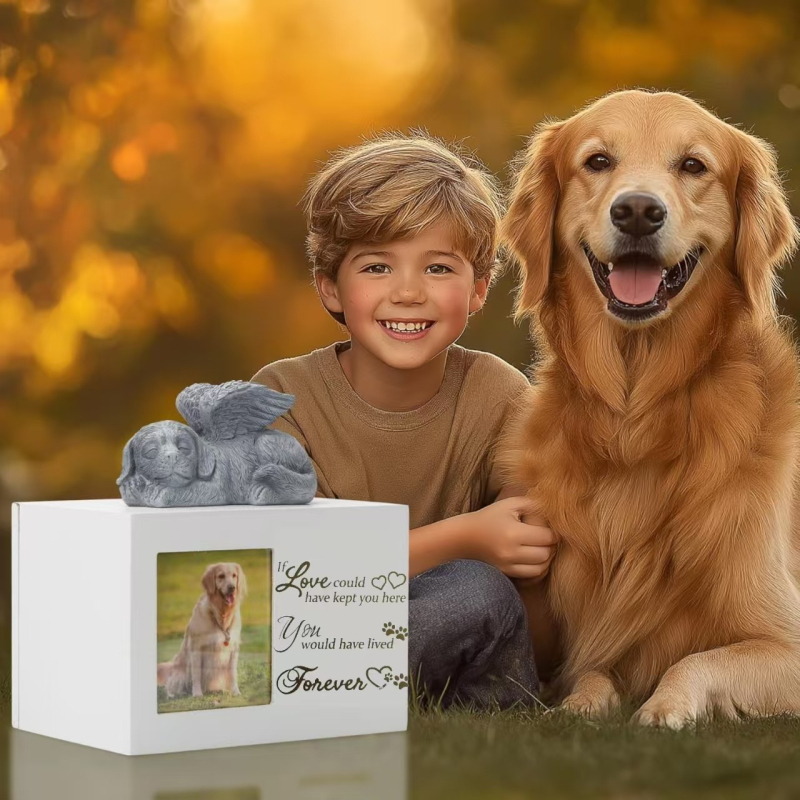 Дървена урна с бяла рамка за спомен от дърво, котка или куче, с рамка за снимка - Ангелска украса с черен пепел