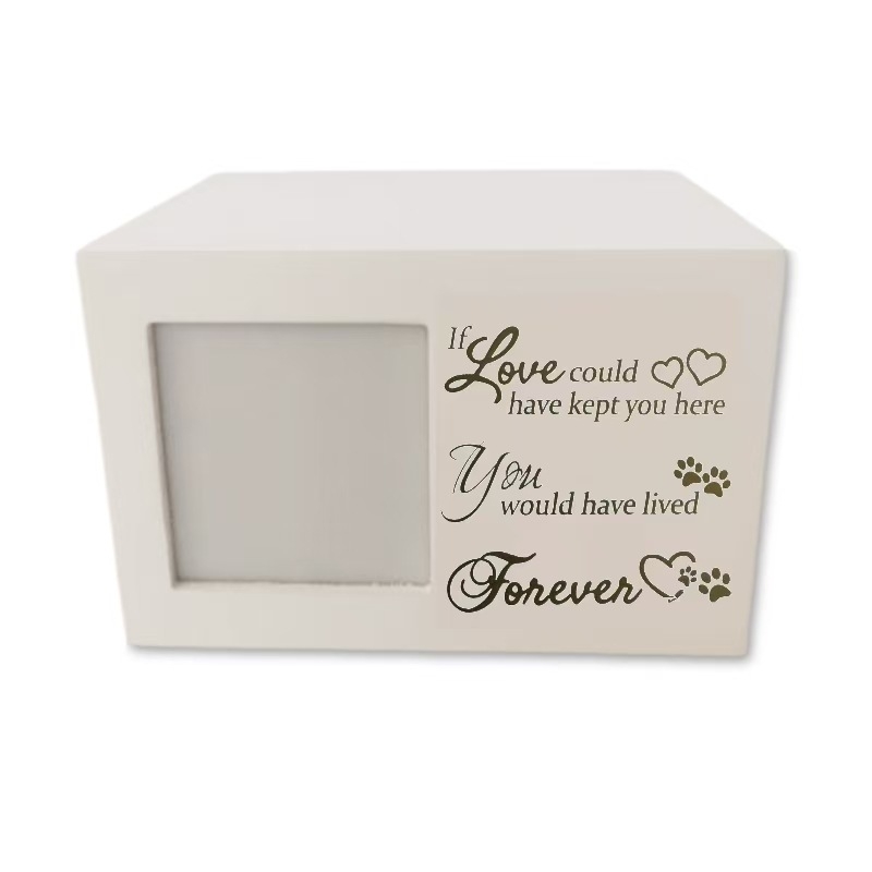 Дървена урна с бяла рамка за спомен от дърво, котка или куче, с рамка за снимка - Ангелска украса с черен пепел