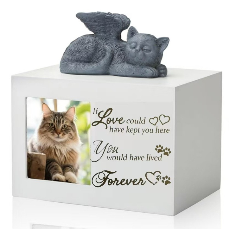Дървена урна с бяла рамка за спомен от дърво, котка или куче, с рамка за снимка - Ангелска украса с черен пепел