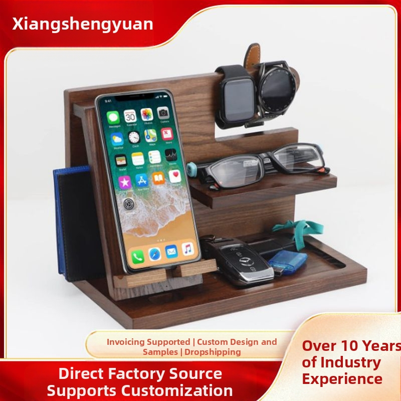 Loominguline täispuidust multifunktsionaalne mobiiltelefoni hoidik laetav kontorilaua männipuidust kõrvaklappide hoiuriiul laos
