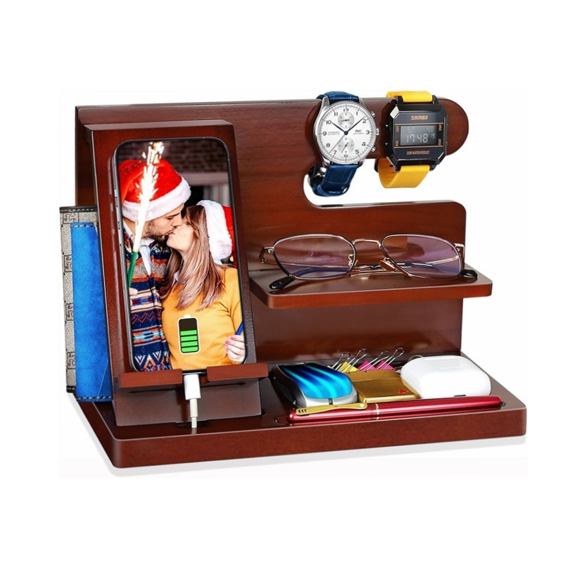 Loominguline täispuidust multifunktsionaalne mobiiltelefoni hoidik laetav kontorilaua männipuidust kõrvaklappide hoiuriiul laos