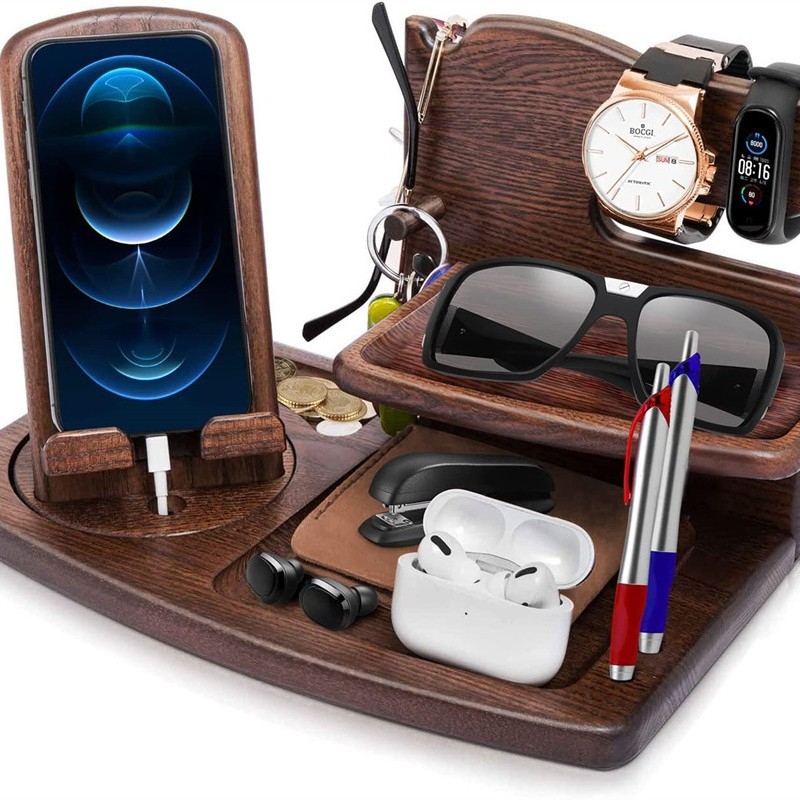 Loominguline täispuidust multifunktsionaalne mobiiltelefoni hoidik laetav kontorilaua männipuidust kõrvaklappide hoiuriiul laos
