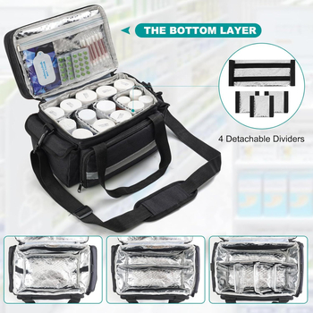 Erakorralise meditsiini hoiukarp, reguleeritav vahesein, kahekihiline ravimipudelite hoiustamine, kaasaskantav kodune esmaabikomplekt