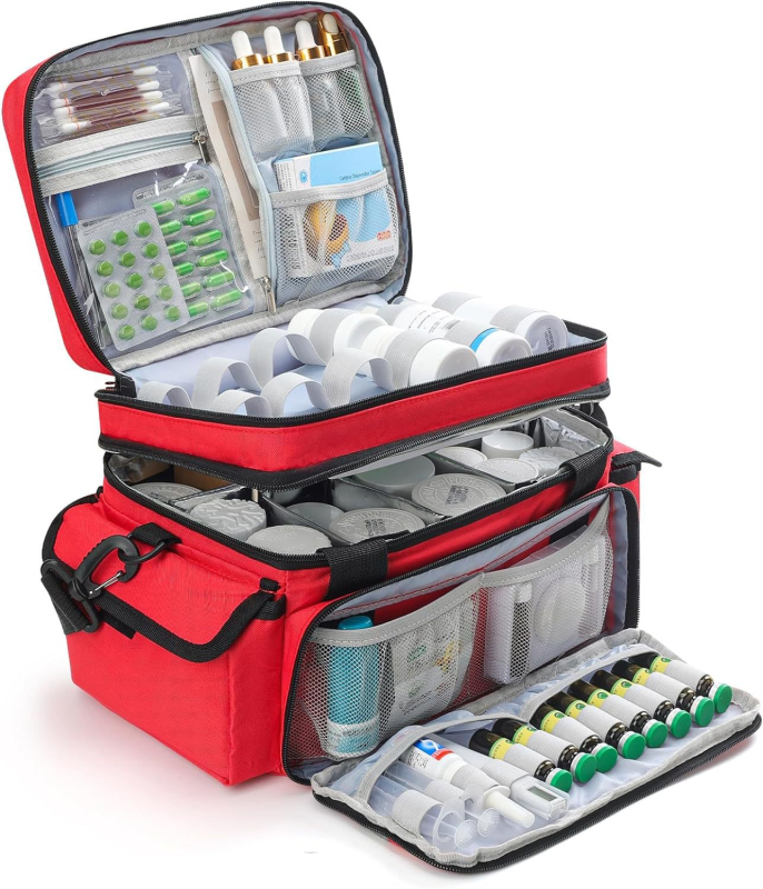 Erakorralise meditsiini hoiukarp, reguleeritav vahesein, kahekihiline ravimipudelite hoiustamine, kaasaskantav kodune esmaabikomplekt