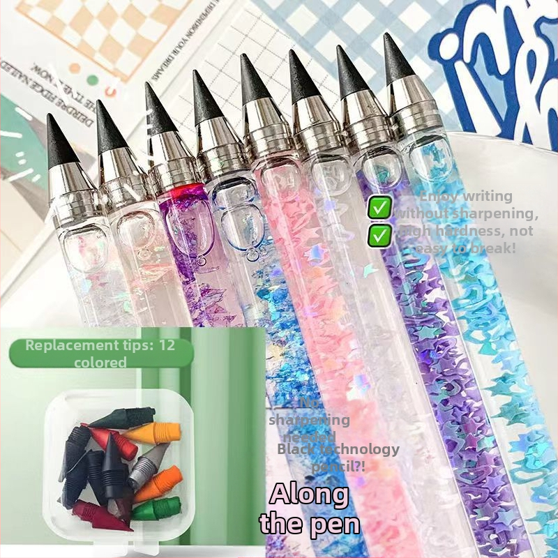 Spalvotas švino rašiklis pradinių klasių mokiniams, pieštukas be galandimo mergaitėms su rašikliu, kanceliarinių prekių dovanų maišelis, amžinas pieštukas