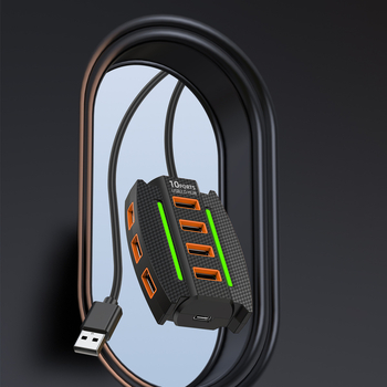 USB Hub One-To-Ten bővítőhely külső tápegységgel és hangulatvilágítással